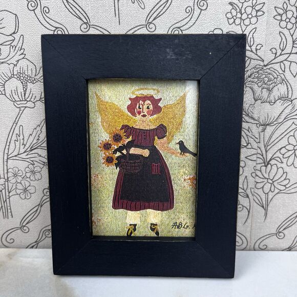 Vintage Folk Art 2 Miniature Painting Signed Annie B Giblin Angel Crow Sunflower - Picture 13 of 13